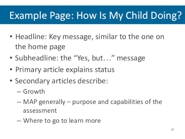 Example Page: How Is My Child Doing? Headline: Key message,