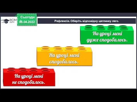 Рефлексія. Оберіть відповідну цеглинку лего. 03.04.2022 Сьогодні