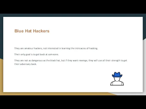 Blue Hat Hackers They are amateur hackers, not interested in learning the intricacies
