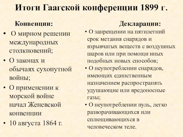 Итоги Гаагской конференции 1899 г. Конвенции: О мирном решении международных