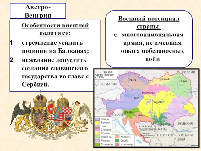 Особенности внешней политики: стремление усилить позиции на Балканах; нежелание допустить