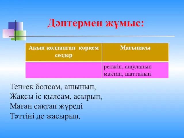 Дәптермен жұмыс: Тентек болсам, ашынып, Жақсы іс қылсам, асырып, Маған сақтап жүреді Тәттіні де жасырып.