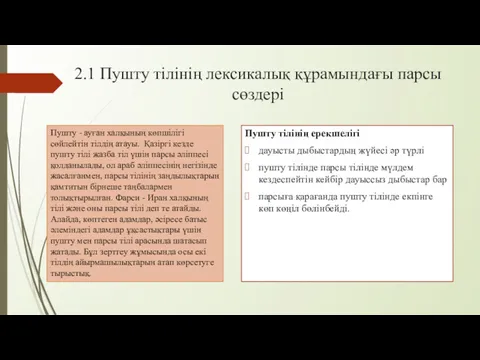 2.1 Пушту тілінің лексикалық құрамындағы парсы сөздері Пушту тілінің ерекшелігі