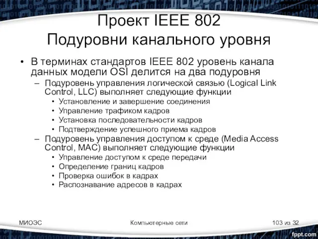 МИОЭС Компьютерные сети из 32 Проект IEEE 802 Подуровни канального