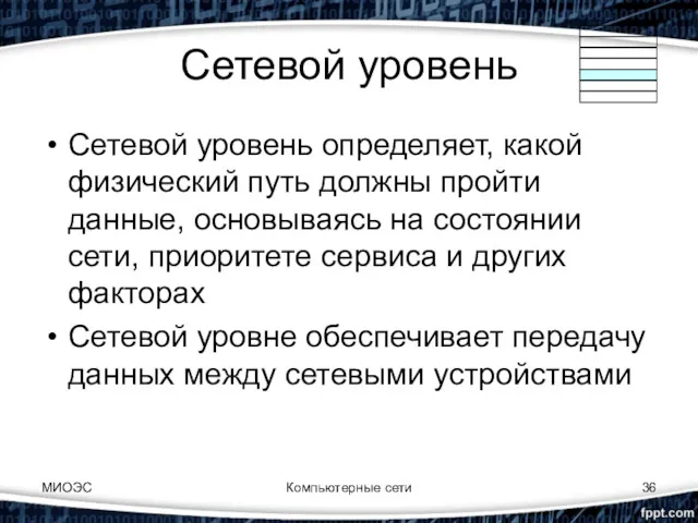 МИОЭС Компьютерные сети Сетевой уровень Сетевой уровень определяет, какой физический