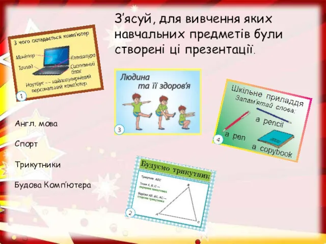 Будова Комп’ютера Спорт Трикутники Англ. мова З’ясуй, для вивчення яких навчальних предметів були створені ці презентації.