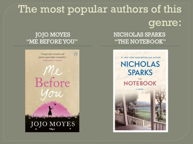 The most popular authors of this genre: JOJO MOYES “ME BEFORE YOU” NICHOLAS SPARKS “THE NOTEBOOK”