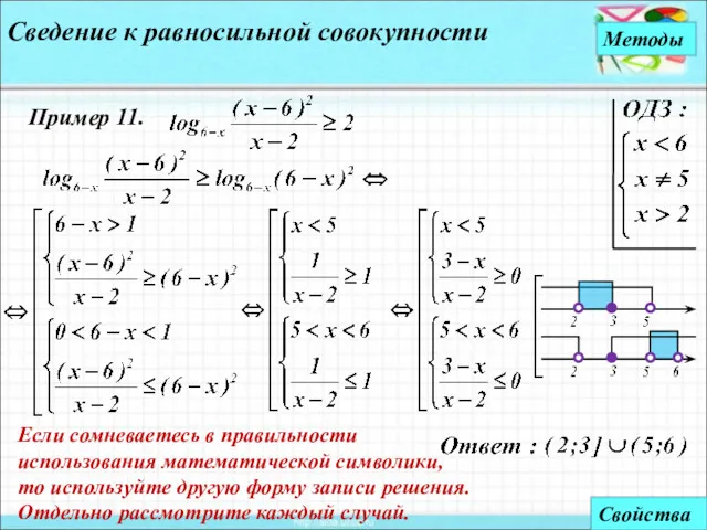 Сведение к равносильной совокупности Методы Свойства Пример 11. Если сомневаетесь