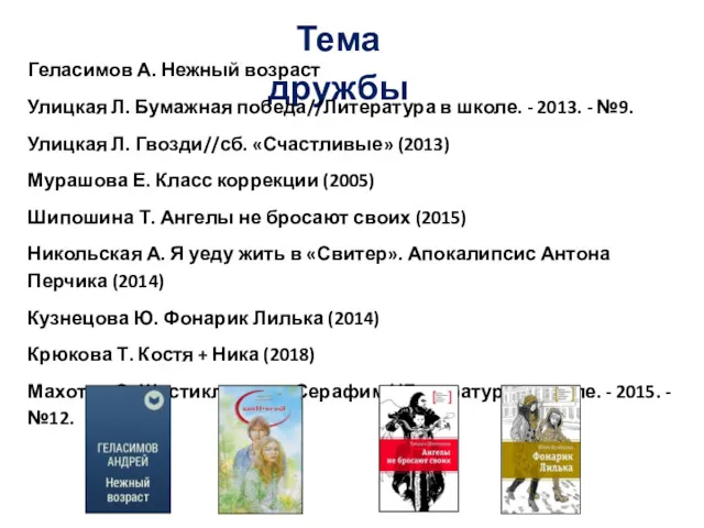 Тема дружбы Геласимов А. Нежный возраст Улицкая Л. Бумажная победа//Литература