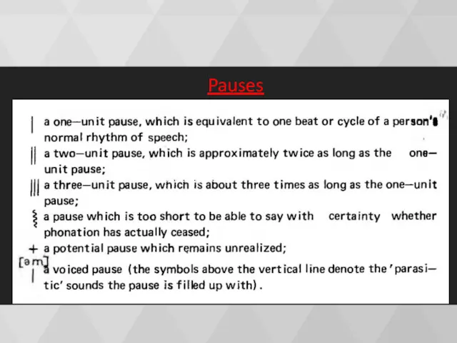 Pauses The prosodic transcription includes the following set of symbols: