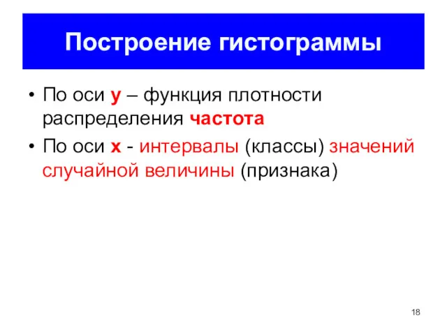 Построение гистограммы По оси у – функция плотности распределения частота