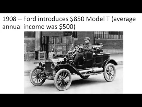 1908 – Ford introduces $850 Model T (average annual income was $500)