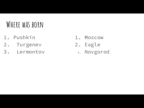 Where was born Pushkin Turgenev Lermontov Moscow Eagle Novgorod.