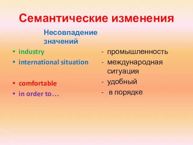 Семантические изменения industry international situation comfortable in order to… Несовпадение значений промышленность международная