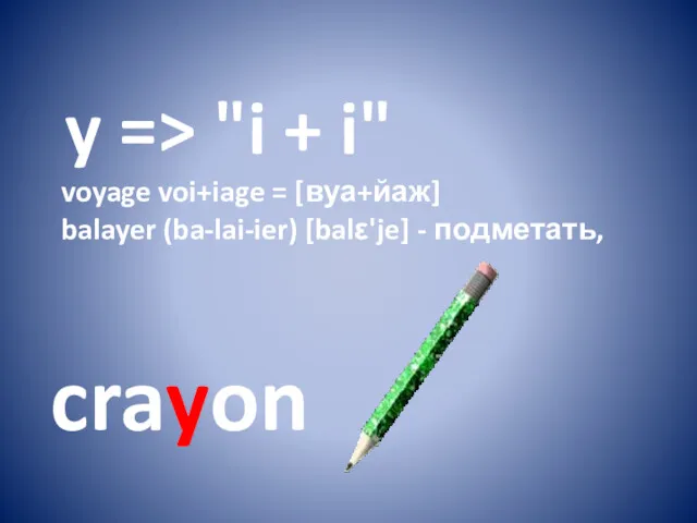 y => "i + i" voyage voi+iage = [вуа+йаж] balayer (ba-lai-ier) [balε'je] - подметать, crayon