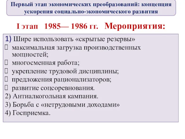 I этап 1985— 1986 гг. Мероприятия: 1) Шире использовать «скрытые