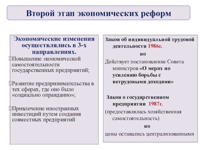 Экономические изменения осуществлялись в 3-х направлениях. Повышение экономической самостоятельности государственных