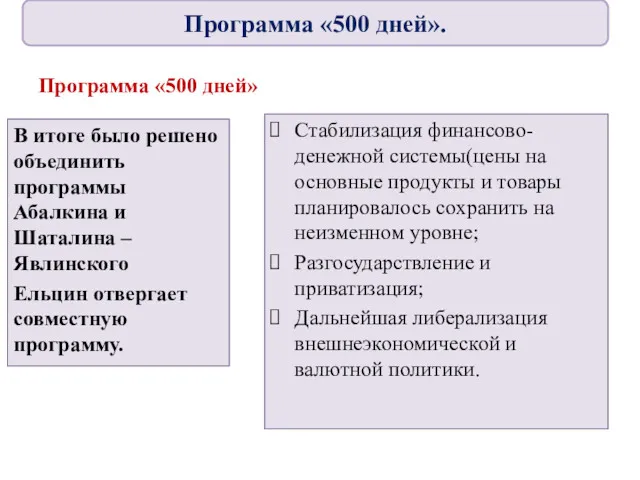 Программа «500 дней» В итоге было решено объединить программы Абалкина