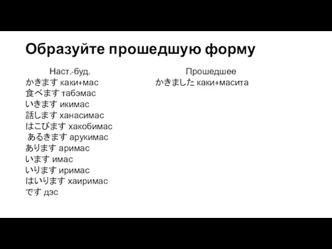 Образуйте прошедшую форму Наст.-буд. Прошедшее かきます каки+мас かきました каки+масита 食べます