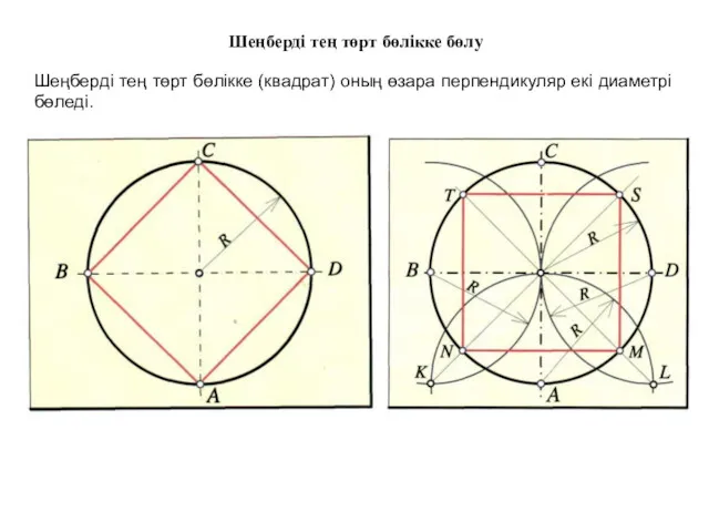 Шеңберді тең төрт бөлікке бөлу Шеңберді тең төрт бөлікке (квадрат) оның өзара перпендикуляр екі диаметрі бөледі.