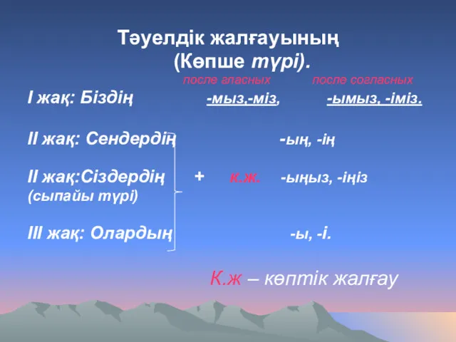 Тәуелдік жалғауының (Көпше түрі). после гласных после согласных І жақ: