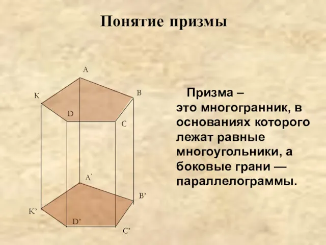 Понятие призмы Призма – это многогранник, в основаниях которого лежат равные многоугольники, а