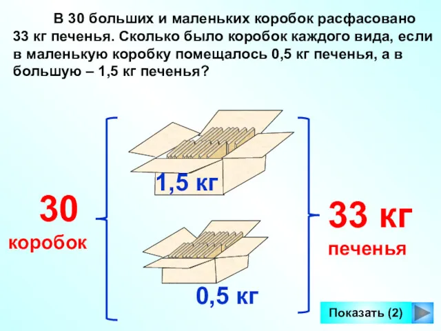 В 30 больших и маленьких коробок расфасовано 33 кг печенья.