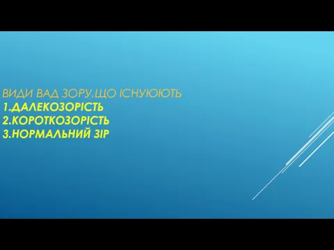 ВИДИ ВАД ЗОРУ,ЩО ІСНУЮЮТЬ 1.ДАЛЕКОЗОРІСТЬ 2.КОРОТКОЗОРІСТЬ 3.НОРМАЛЬНИЙ ЗІР