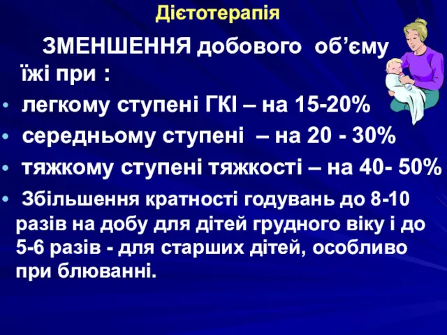 Дієтотерапія ЗМЕНШЕННЯ добового об’єму їжі при : легкому ступені ГКІ