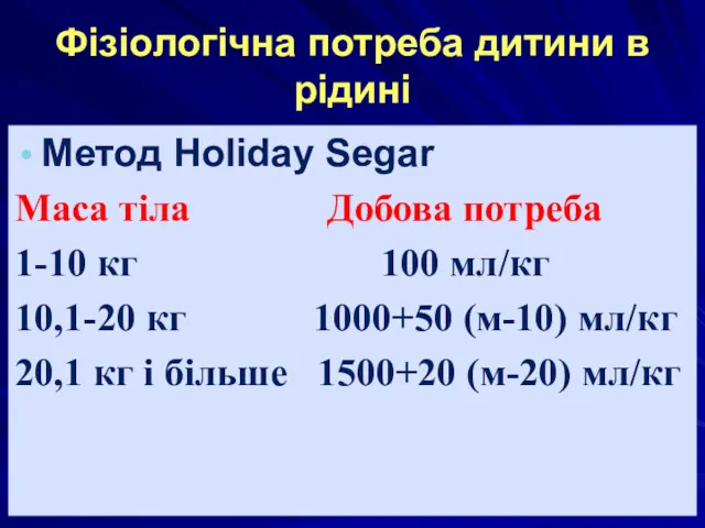 Фізіологічна потреба дитини в рідині Метод Holiday Segar Маса тіла