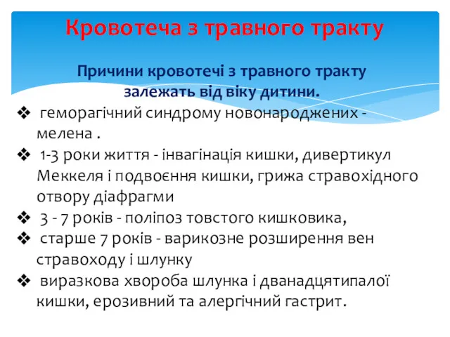 Кровотеча з травного тракту Причини кровотечі з травного тракту залежать