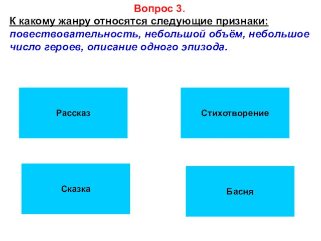 Вопрос 3. К какому жанру относятся следующие признаки: повествовательность, небольшой