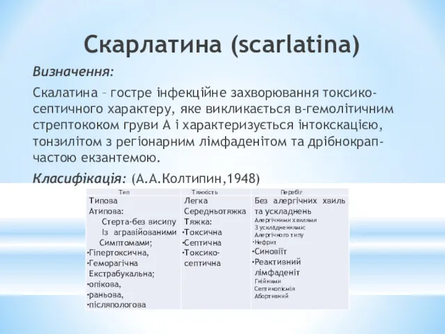 Скарлатина (scarlatina) Визначення: Скалатина – гостре інфекційне захворювання токсико-септичного характеру,