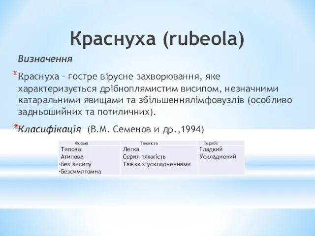 Краснуха (rubeola) Визначення Краснуха – гостре вірусне захворювання, яке характеризується дрібноплямистим висипом, незначними