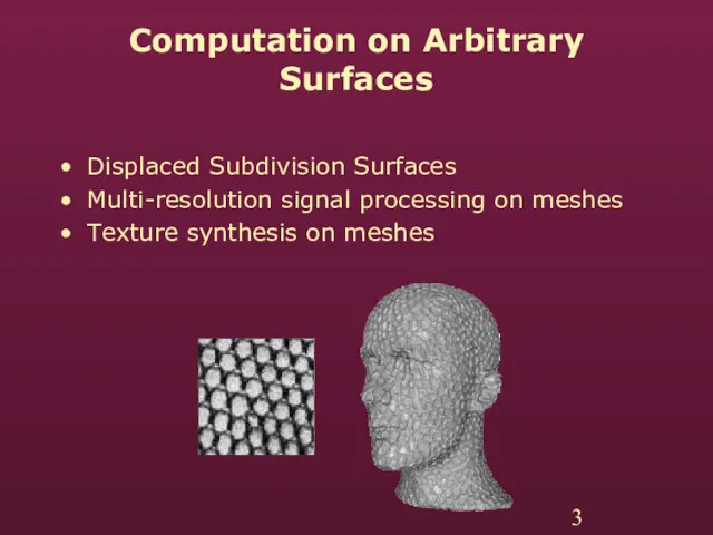 Computation on Arbitrary Surfaces Displaced Subdivision Surfaces Multi-resolution signal processing on meshes Texture synthesis on meshes