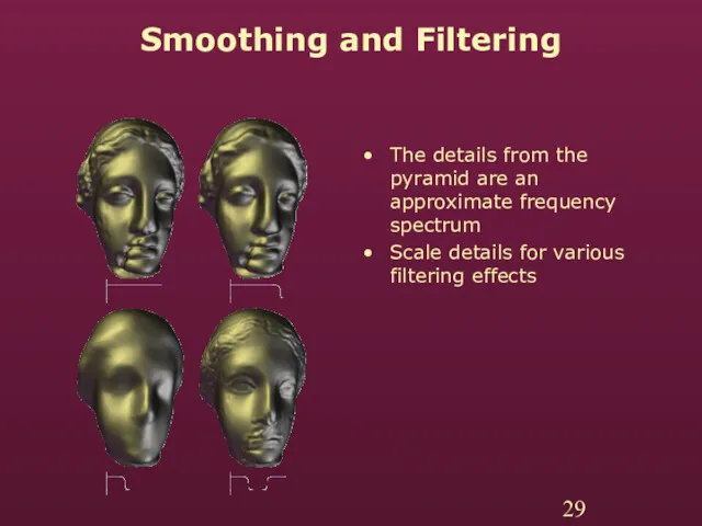 Smoothing and Filtering The details from the pyramid are an approximate frequency spectrum