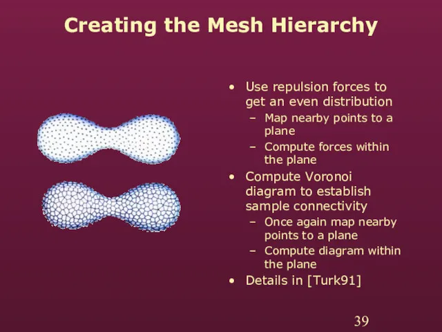 Creating the Mesh Hierarchy Use repulsion forces to get an even distribution Map