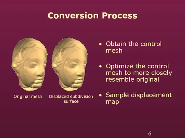 Conversion Process Obtain the control mesh Optimize the control mesh to more closely