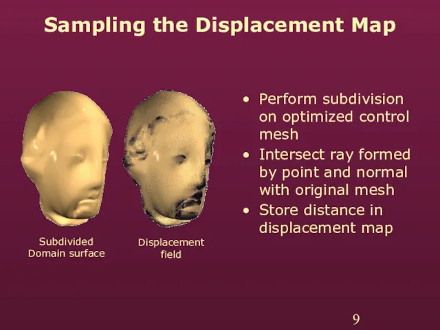 Sampling the Displacement Map Perform subdivision on optimized control mesh Intersect ray formed