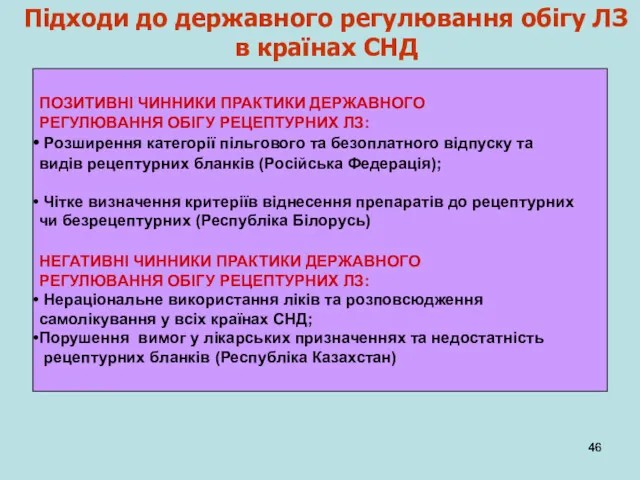 Підходи до державного регулювання обігу ЛЗ в країнах СНД ПОЗИТИВНІ