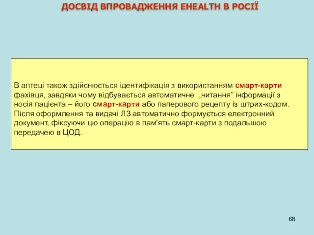 ДОСВІД ВПРОВАДЖЕННЯ EHEALTH В РОСІЇ В аптеці також здійснюється ідентифікація