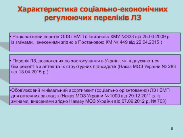 Характеристика соціально-економічних регулюючих переліків ЛЗ Національний перелік ОЛЗ і ВМП