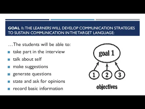 GOAL 1: THE LEARNERS WILL DEVELOP COMMUNICATION STRATEGIES TO SUSTAIN