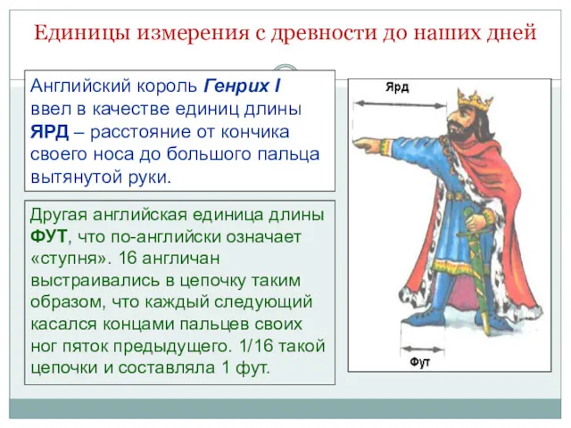 Английский король Генрих I ввел в качестве единиц длины ЯРД – расстояние от