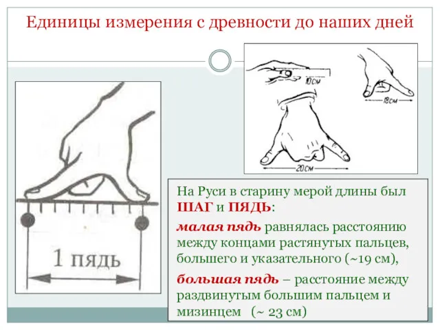 На Руси в старину мерой длины был ШАГ и ПЯДЬ: малая пядь равнялась