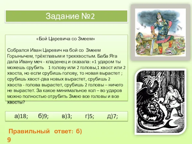 Задание №2 «Бой Царевича со Змеем» Собрался Иван Царевич на