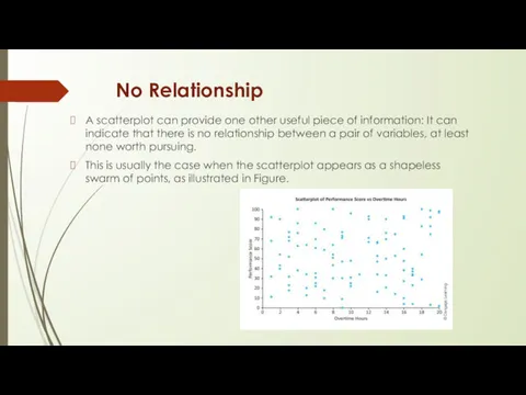 No Relationship A scatterplot can provide one other useful piece of information: It