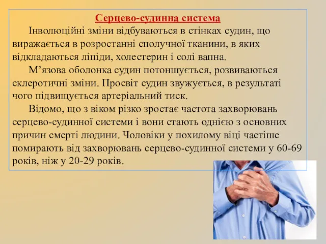 Серцево-судинна система Інволюційні зміни відбуваються в стінках судин, що виражається