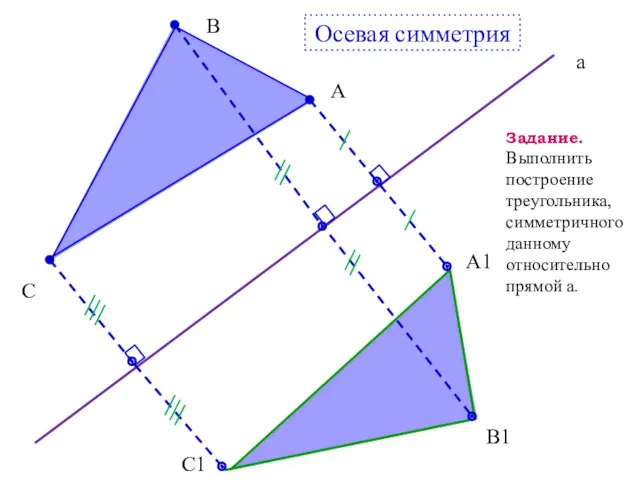 B C А C1 B1 A1 а Осевая симметрия Задание. Выполнить построение треугольника,
