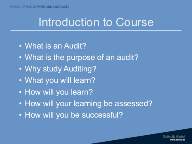 Introduction to Course What is an Audit? What is the